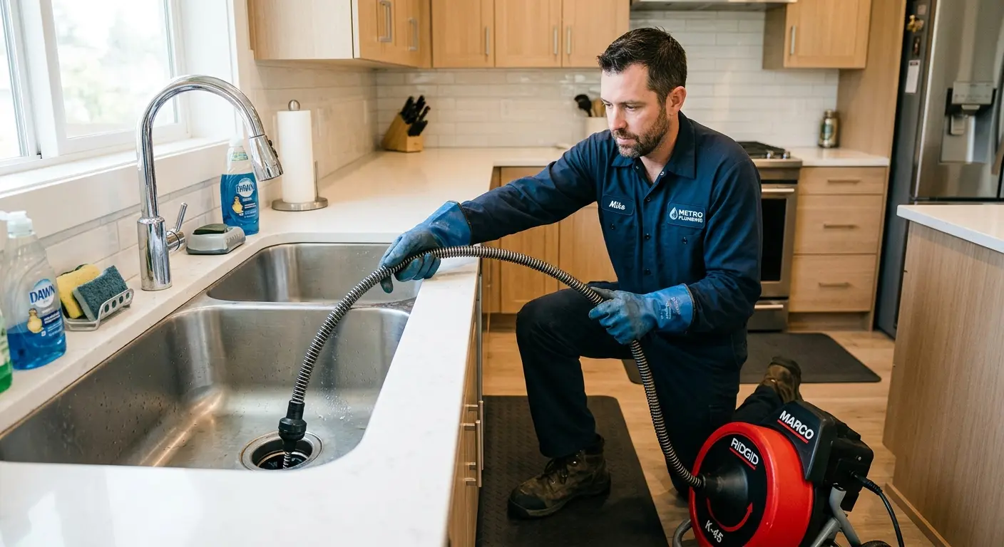 Drain cleaning technician using a motorized snake on a kitchen sink in Jacksonville