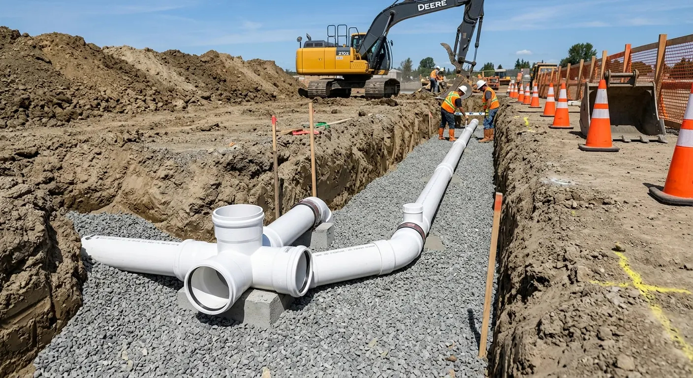 New PVC sewer pipe installation in open trench for Sewer Backup in Jacksonville